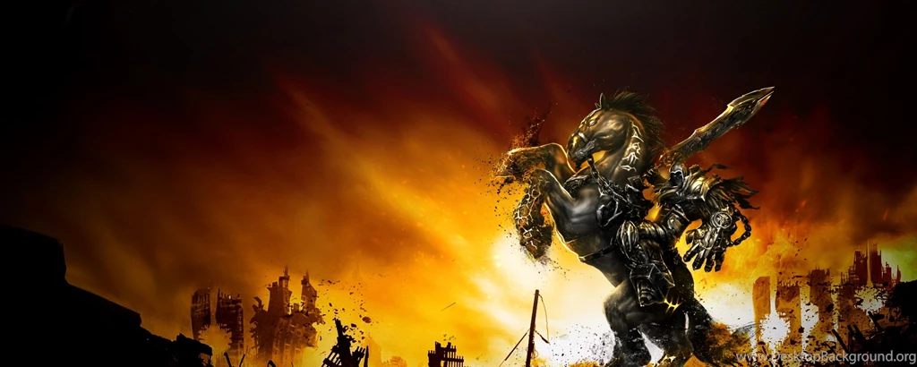Download Wallpapers 2560x1024 Darksiders, War, Horse, Sunset, City ...