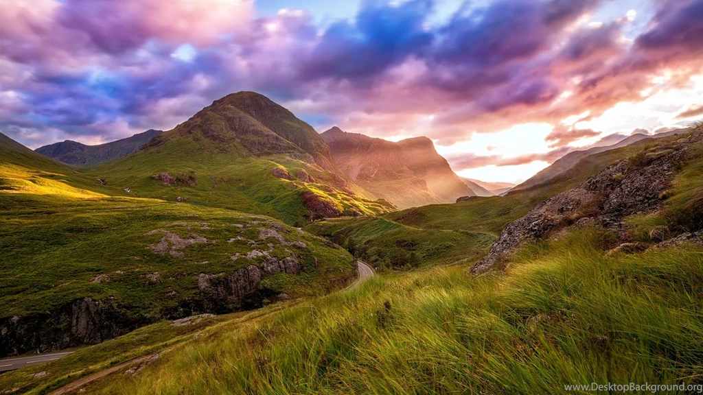Scotland, Highland Valley, Mountain, Road, Clouds, Sky, Sunset ...