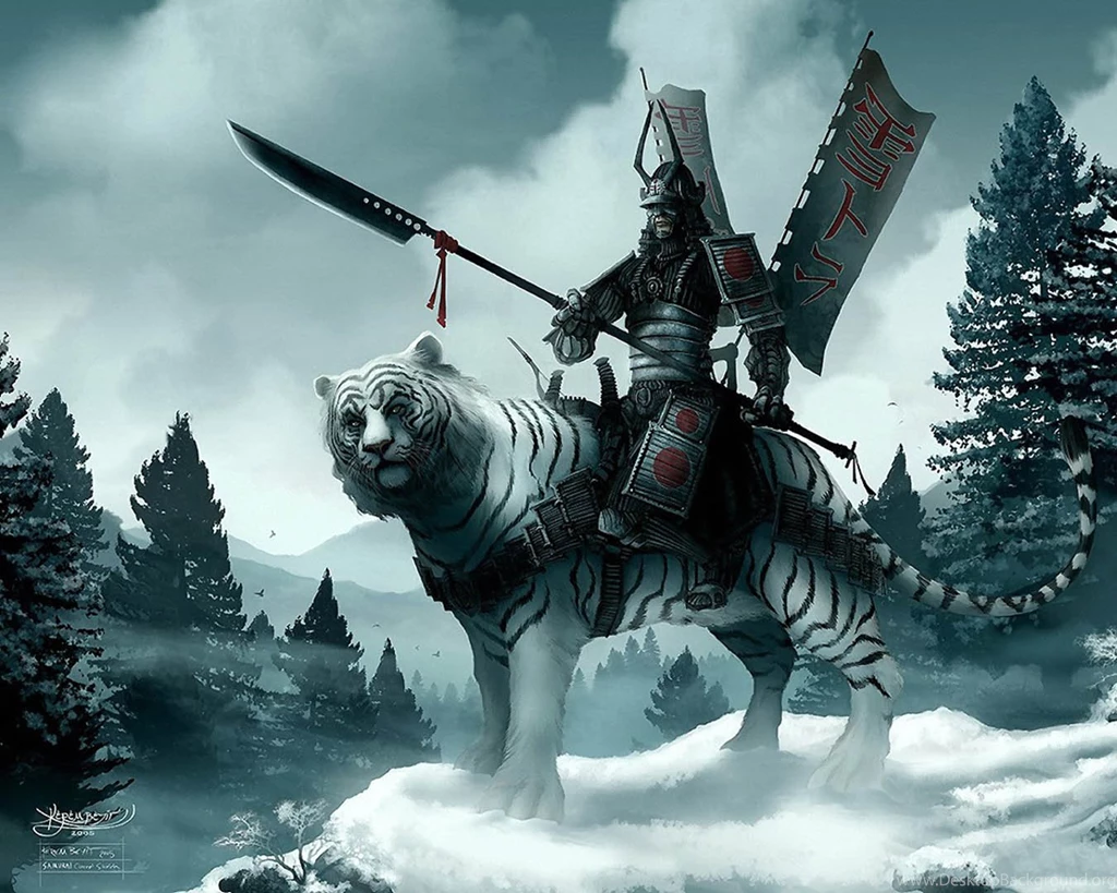 Japanese Warrior Mounted On Snow Tiger   Fantasy Monsters ...