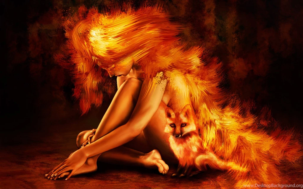 Woman And Fox On Fire Wallpapers