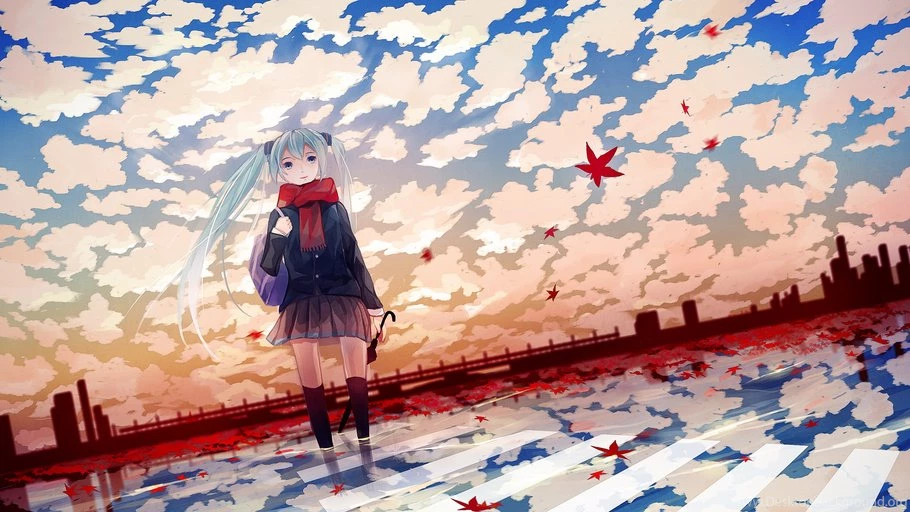 Girl, Leaves, Miku, Autumn, Umbrella, Anime, Vocaloid Wallpapers 5606