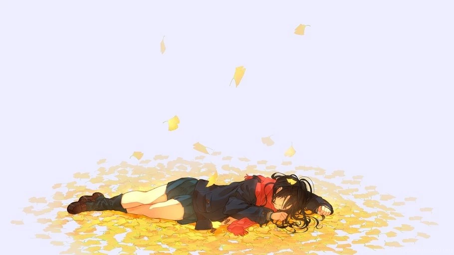 Girl, Leaves, Nora, Kukumaka23, Scarf, Art, Anime, Autumn ...