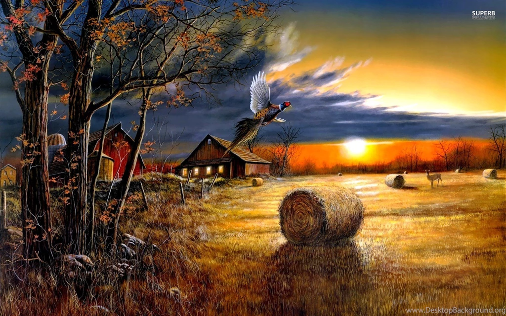 Farm Sunset, Bird, Pheasant, Barn, Bale, Hay, Digital art ...
