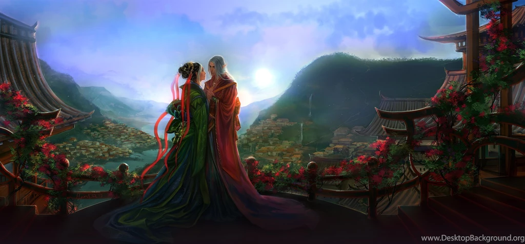 Fantasy Love Couple Kimono Elf Landscape Wallpapers