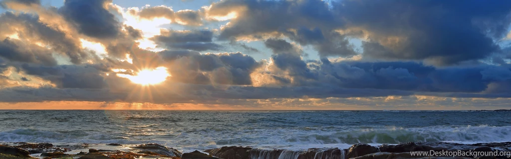 Download Wallpapers 3840x1200 Pacific Ocean, Sunset, Rocks, Clouds ...