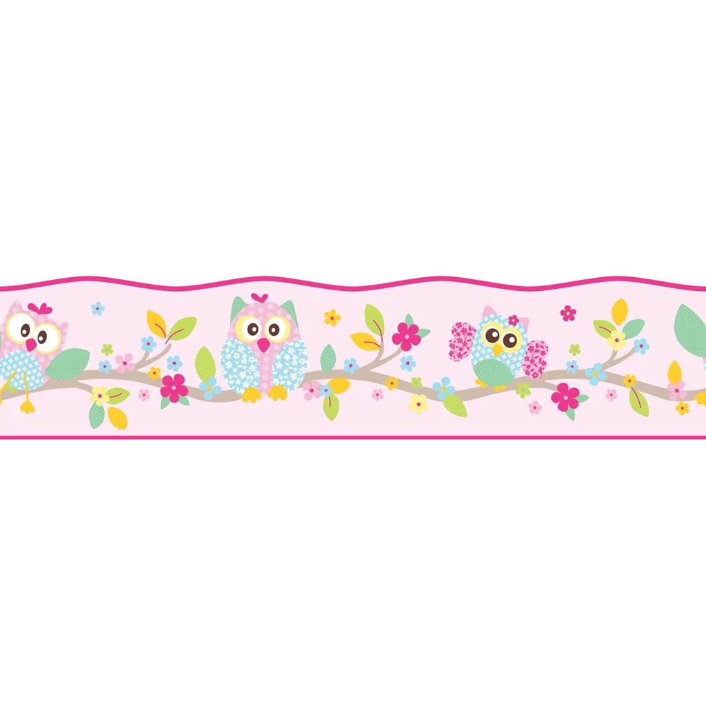 PATCHWORK OWL WALLPAPER AND BORDER WHITE PINK PASTEL BEDROOM ...