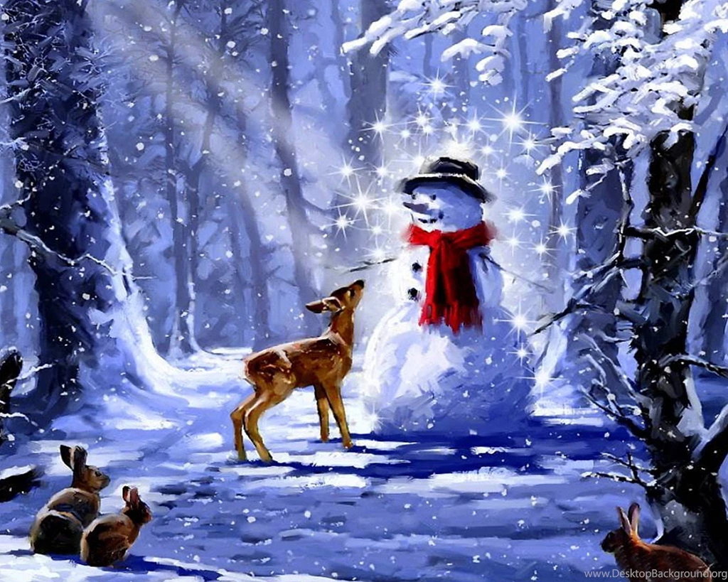Winter: Christmas Blessings Snowman Peaceful Deer Painting Forest ...
