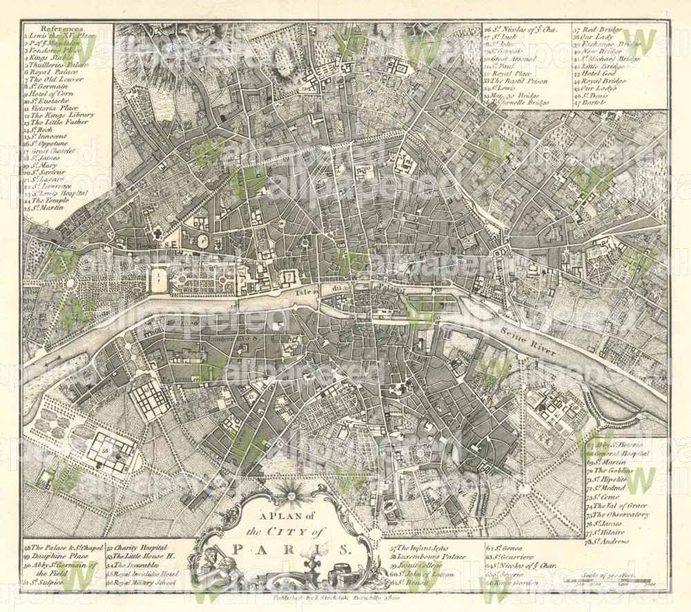 Antique Map Of Paris 1800 Wall Mural
