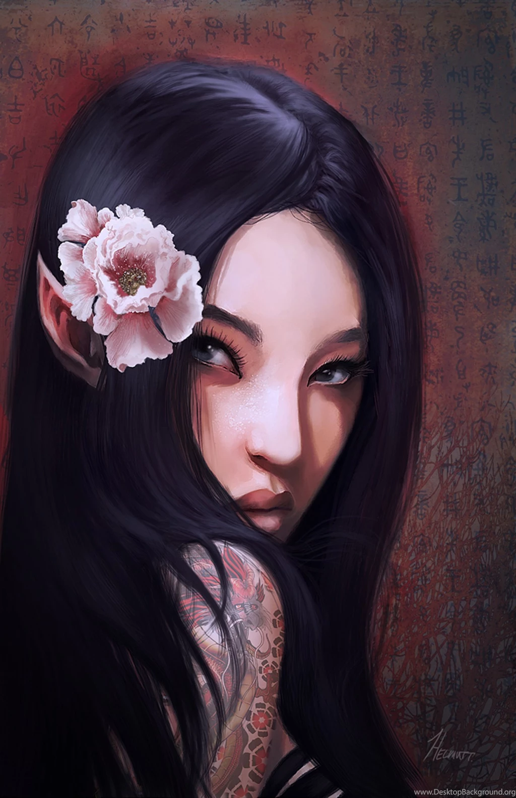 Exotic Poison Fantasy Girl Woman Elf Tattoo Flower Face Portrait ...