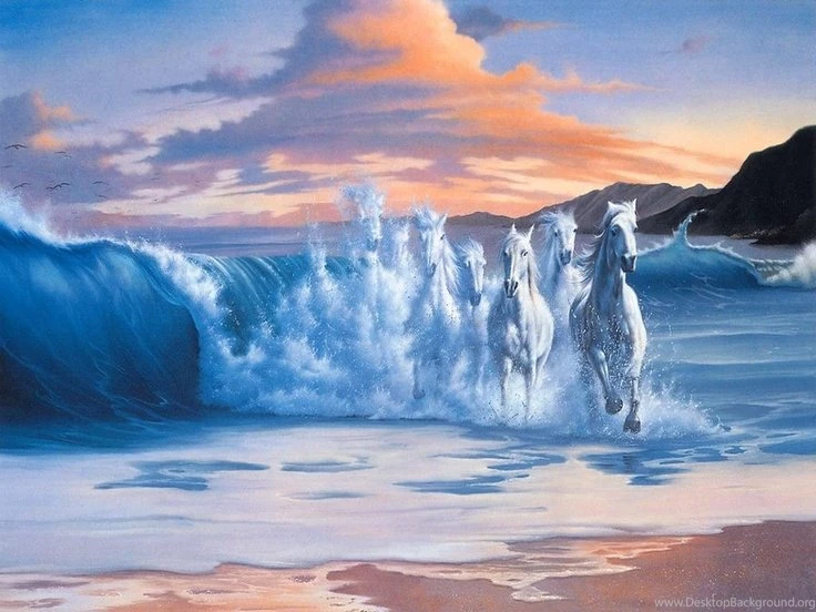 White Horses Running On The Beach Painting Wallpapers