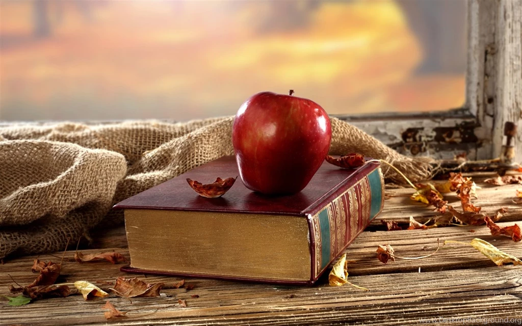 Old Book, Red Apple, Desk, Window, Dry Leaves Wallpapers