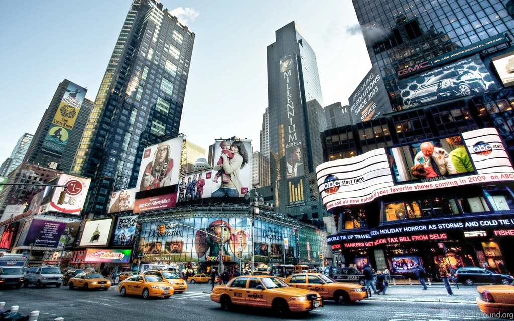 New York, Skyscrapers, Taxi, Road, Advertisement