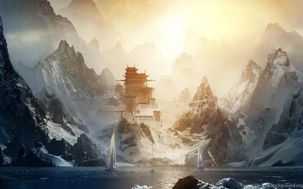 Mountains Japanese Boats Artwork Temple Wallpapers
