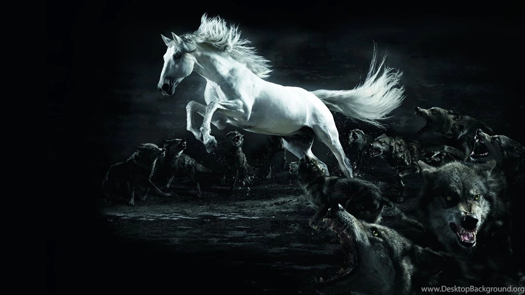 HD Wallpapers White Horse And A Pack Of Wolves 1920x1080