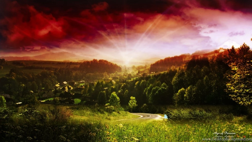 1920x1080 Red Sky Grass Road & Trees Desktop PC And Mac Wallpapers