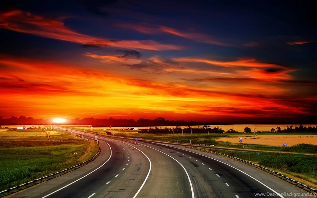 Highway & Fire Red Sky Wallpapers