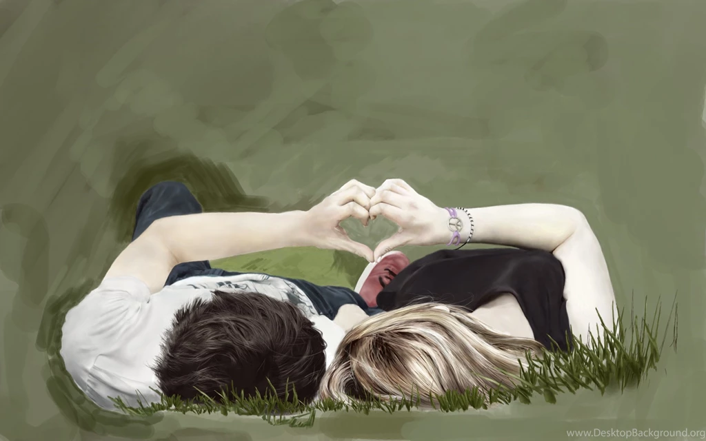 Painting Art Love Couple Girl Guy Lie Hands Heart Grass Wallpapers ...