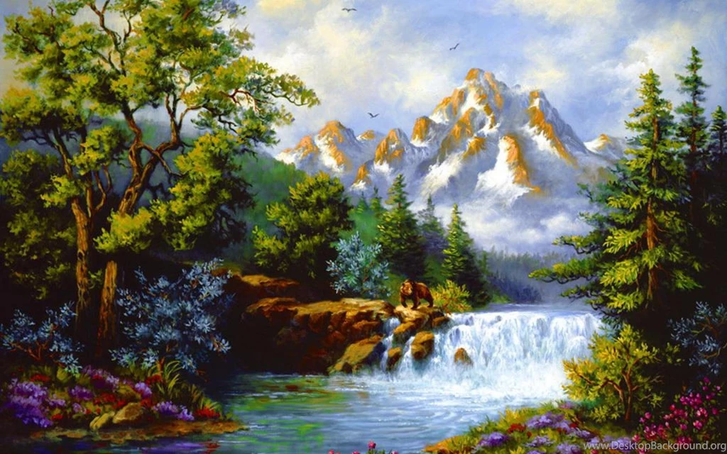 Mountain Stream With Flowers Wallpaper.