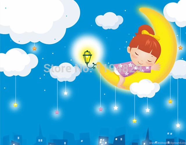 3D Cartoon Cute Girl Sleeping On The Moon Mural Wallpapers TV Sofa ...