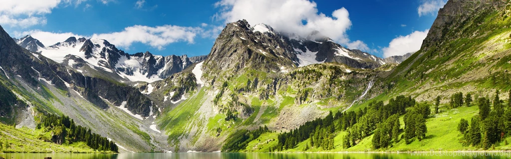 Download Wallpapers 3840x1200 Lake, Mountains, Grass, Sky, Summer ...