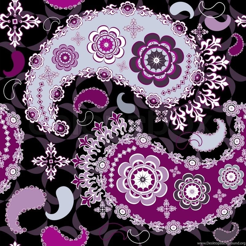 Black Seamless Floral Pattern With Gray And Purple Paisley Stock ...