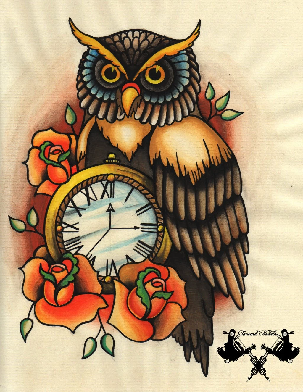 Tattoo flash Owl And Pocket Watch By Tausend Nadeln On DeviantArt