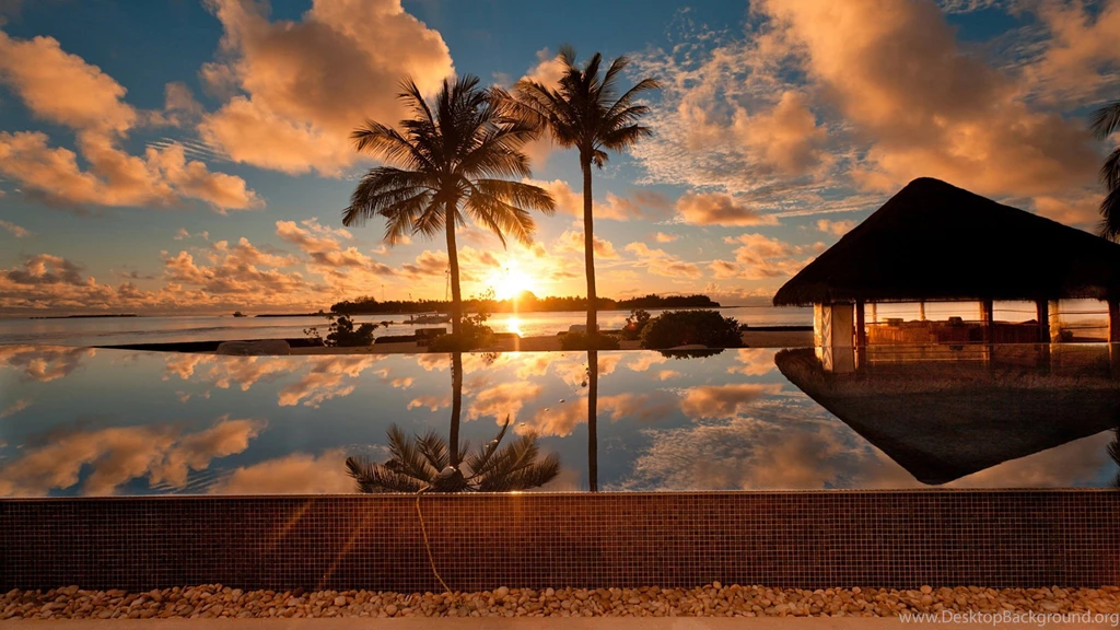 Download Wallpapers 2048x1152 Sea, Palm Trees, Decline, Bungalow ...