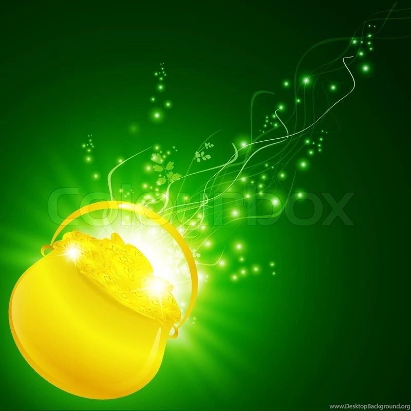 StPatrick Golden Pot With Shamrock Decorated Gold Money Over Magic ...