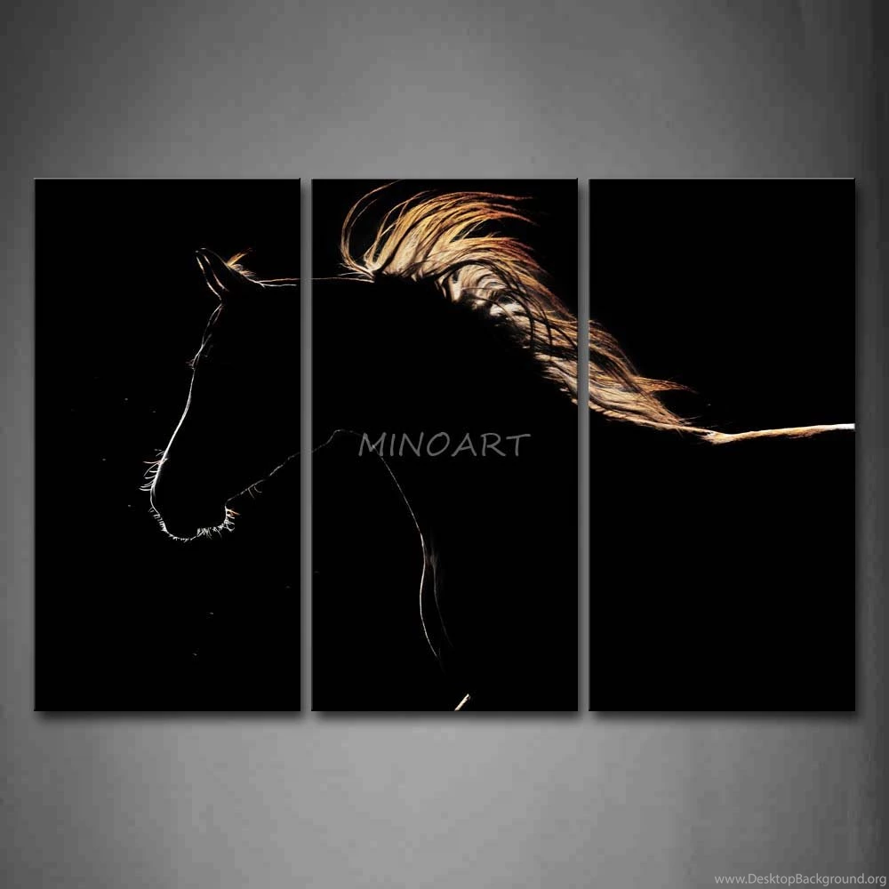 3 Piece Wall Art Painting Black Horse At Black Backgrounds Print On ...