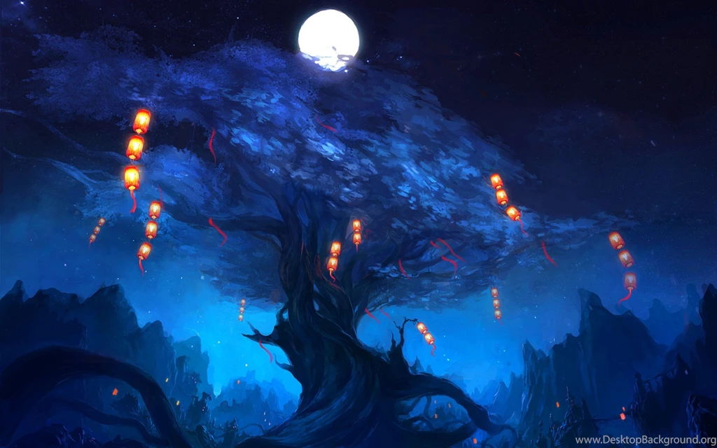 Art Tree Lanterns Moon Night