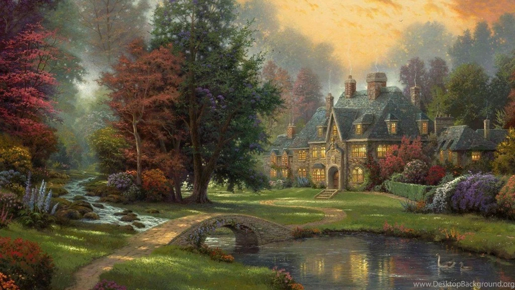 1366x768 Cottage, River, Thomas Kinkade, Landscape, Duck, Painting ...