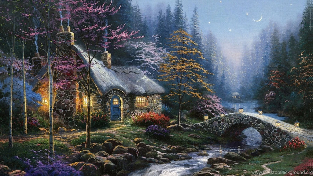 1366x768 Twilight Cottage, Painting, Thomas Kinkade, Painting ...