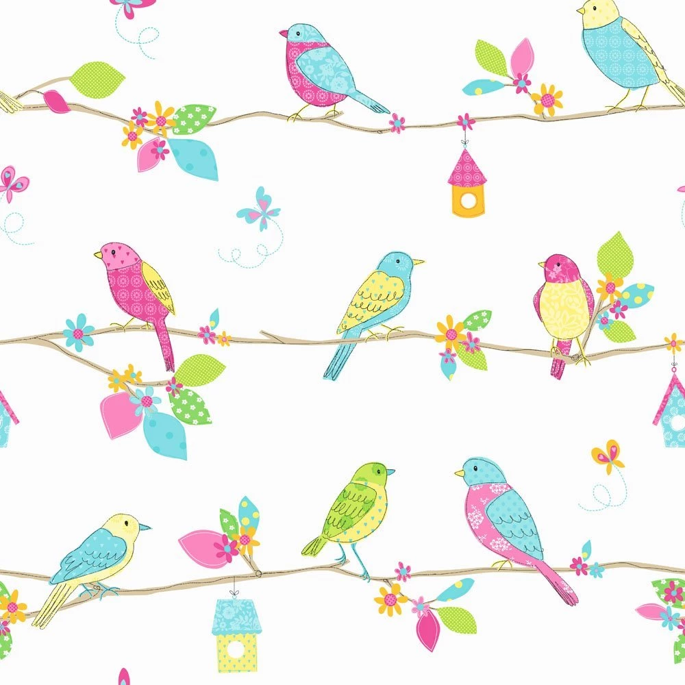Fine Decor Pretty Birds Hoopla Designer Feature Wallpapers Blue ...