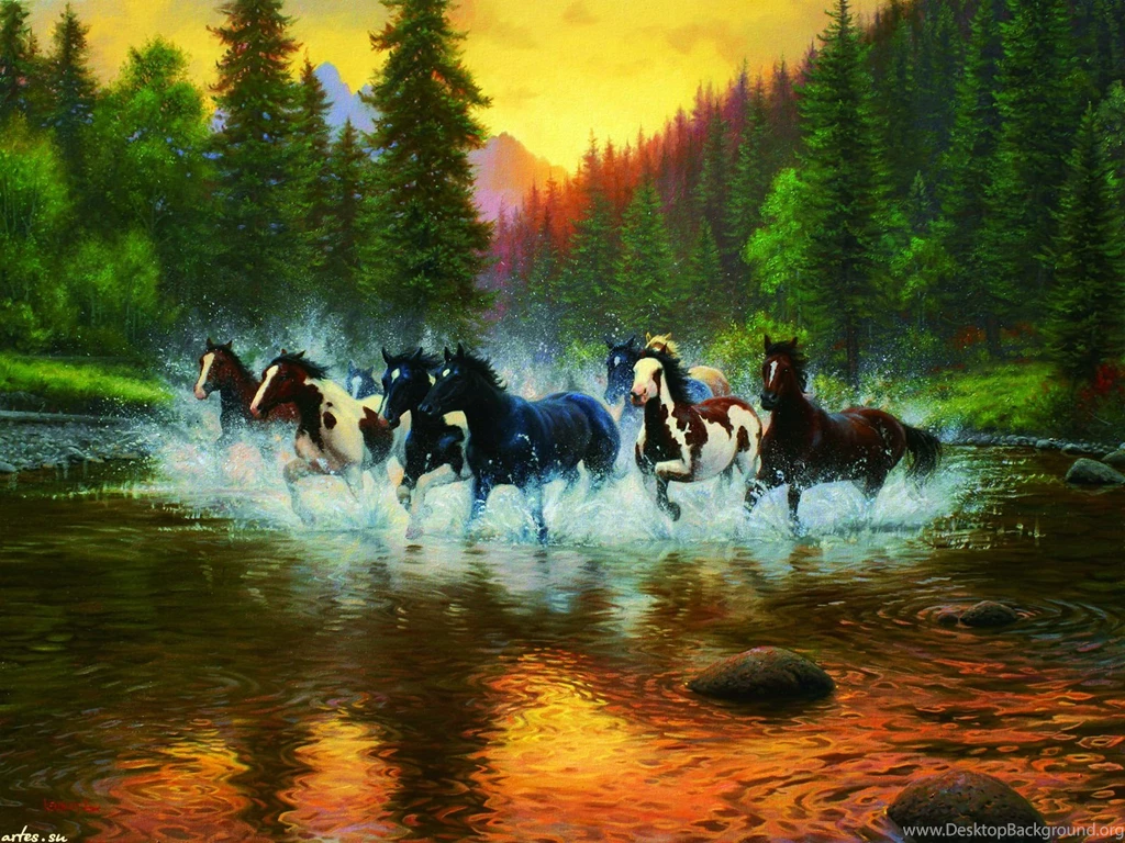 Horses: Wild Horses Sunset River Water Firs Herd Nature 5843 Wide ...