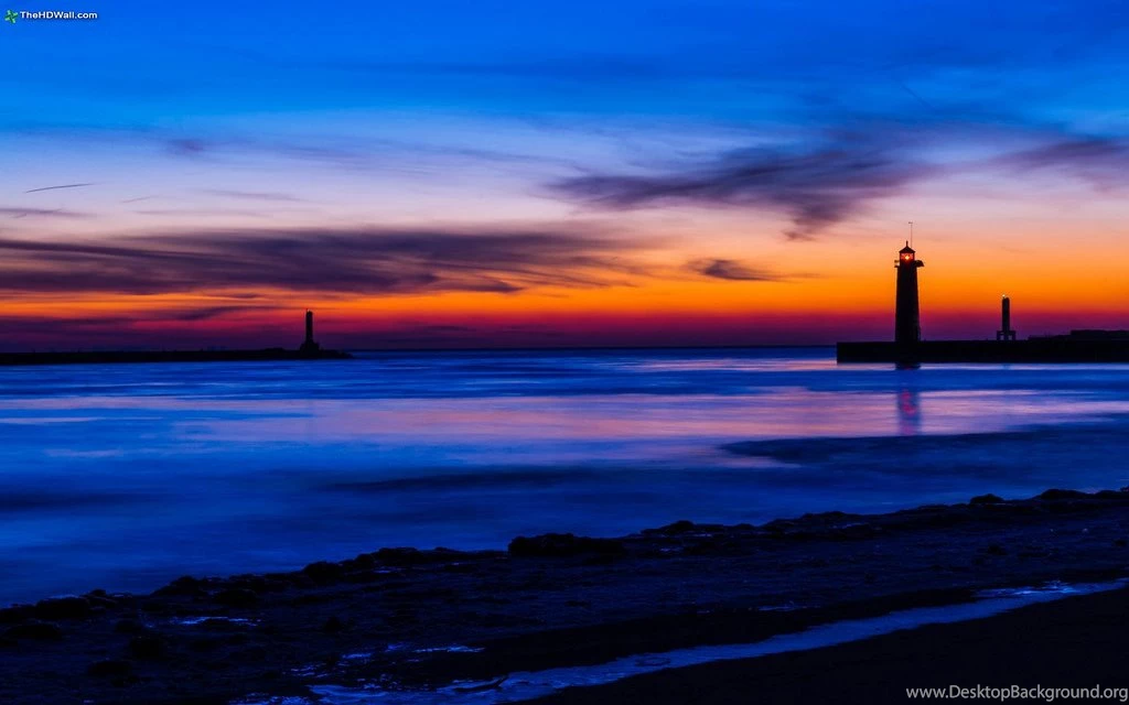 Usa Michigan Lake Beach Lighthouse Night Orange Sunset Blue Sky ...