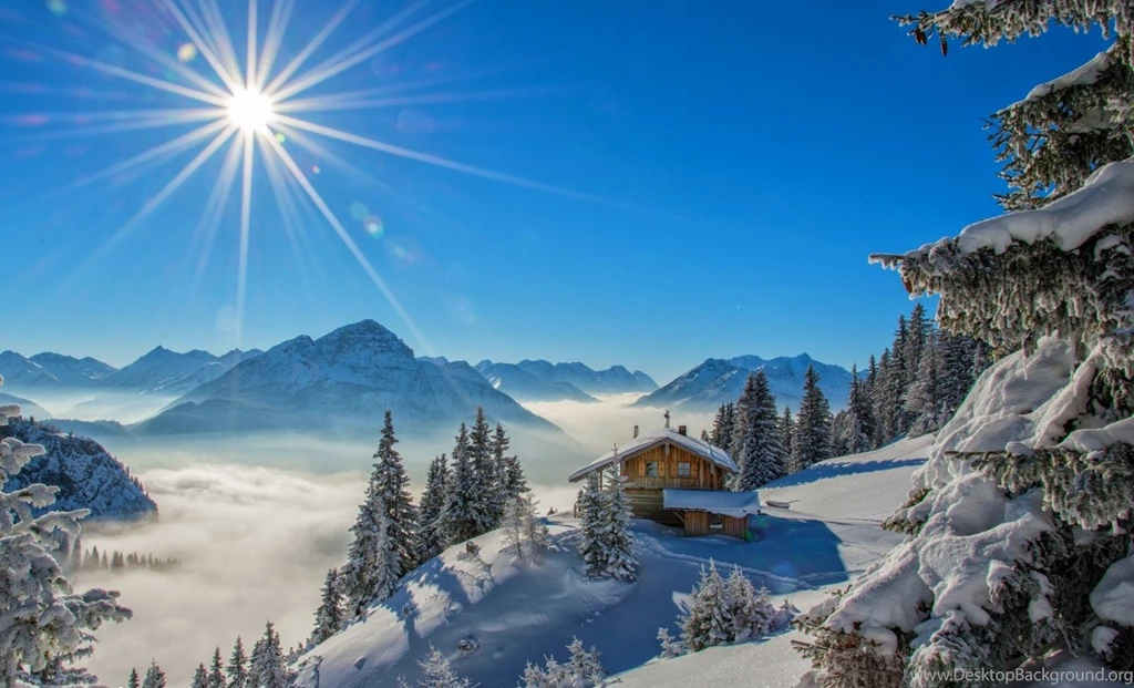 Winter, Sun Rays, Cottage, Snow, Mountain, Forest, Snowy Peak ...
