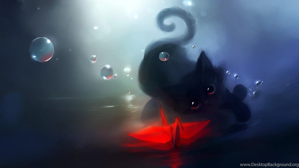 Wallpaper: Black Cat, Cute, Bubble, Folded paper Crane, Red, Dim ...