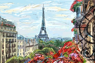 Eiffel Tower Paris Sky Clouds Houses France French Artwork Art ...