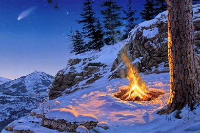 1600x900 Winter Campfire Art Wallpapers