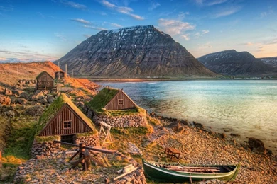 Iceland Mountain Sea Coast Boat Wallpapers