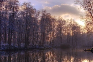 Download Wallpapers 3840x1200 Trees, Lake, Reflection, Morning, Sun ...