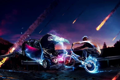 Car Crashing A Bicycle Wallpapers   Digital Art Wallpapers
