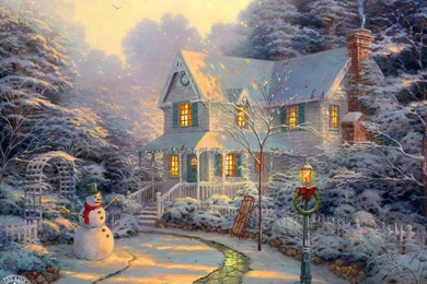 Paintings winter season houses snowmen hd wallpapers.jpg
