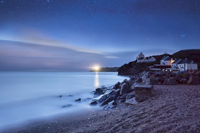 Sea Lighthouse Home Night Stars Beach Wallpapers