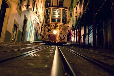Download Wallpapers 2560x1600 Tram, Rails, Evening, Graffiti ...