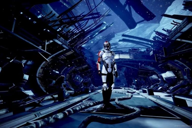 Download 1366x768 Mass Effect Shepard In Outer Space Wallpapers