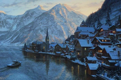 HD Wallpapers   Painting   Snow, Painting, Landscape, Boat, Winter ...