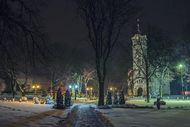 Church Wintry Night Winter Lights Town Trees Religious Free ...
