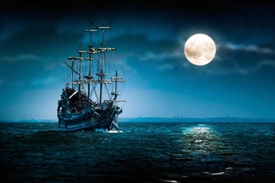 Fantasy Pirate Ship In Open Ocean   Wallpapers