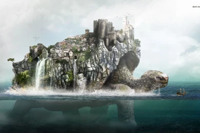 Town Build On A Sea Turtle Wallpapers   Fantasy Wallpapers